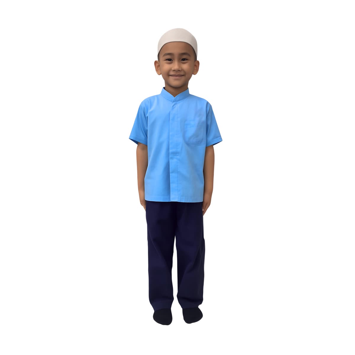 Set pakaian sekolah lelaki: kemeja kolar Raihan biru langit dengan seluar navy