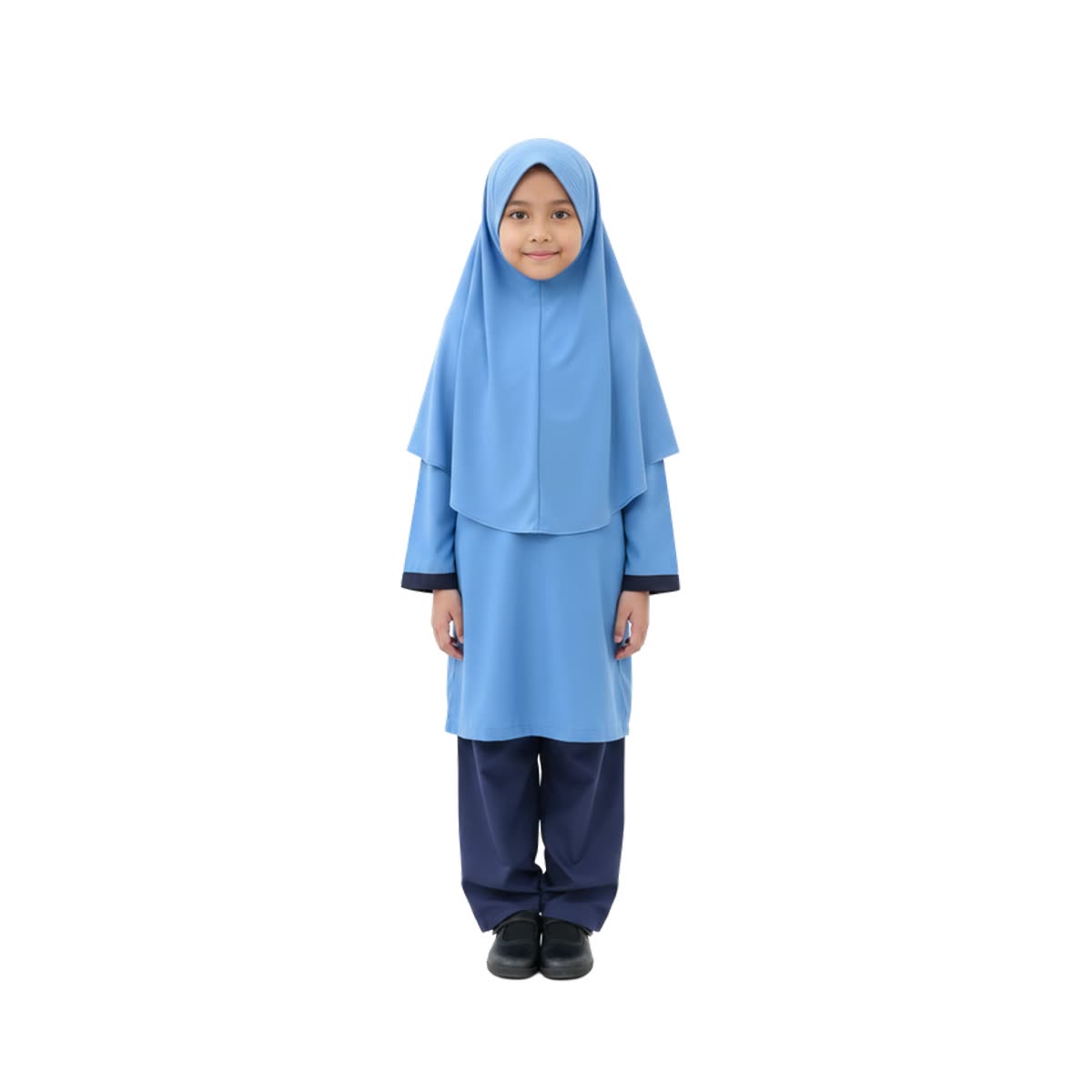 Set pakaian sekolah perempuan: tudung, baju kurung dan seluar biru langit dengan navy