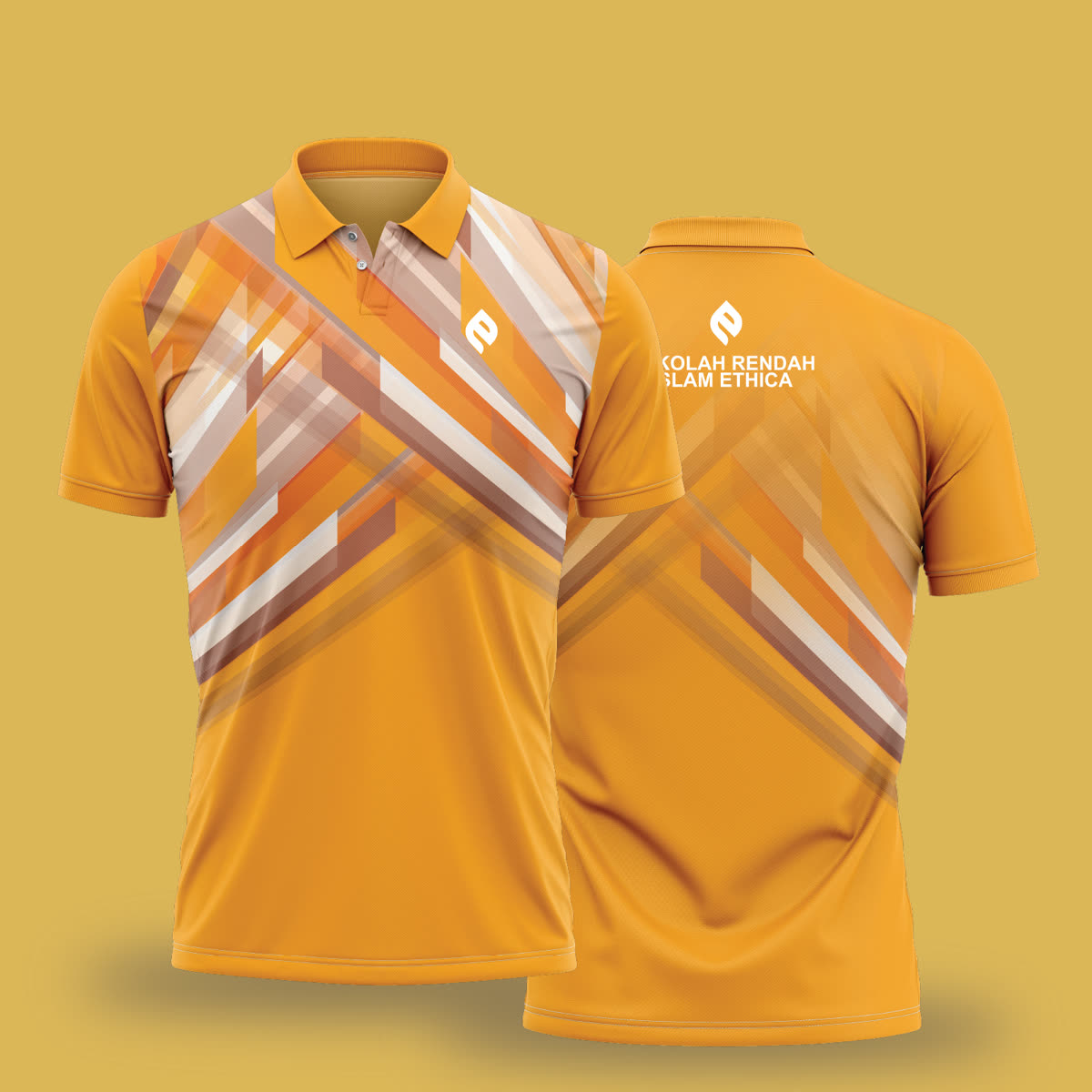 Jersi sublimation penuh dengan corak geometri dan logo sekolah dicetak terus ke dalam kain