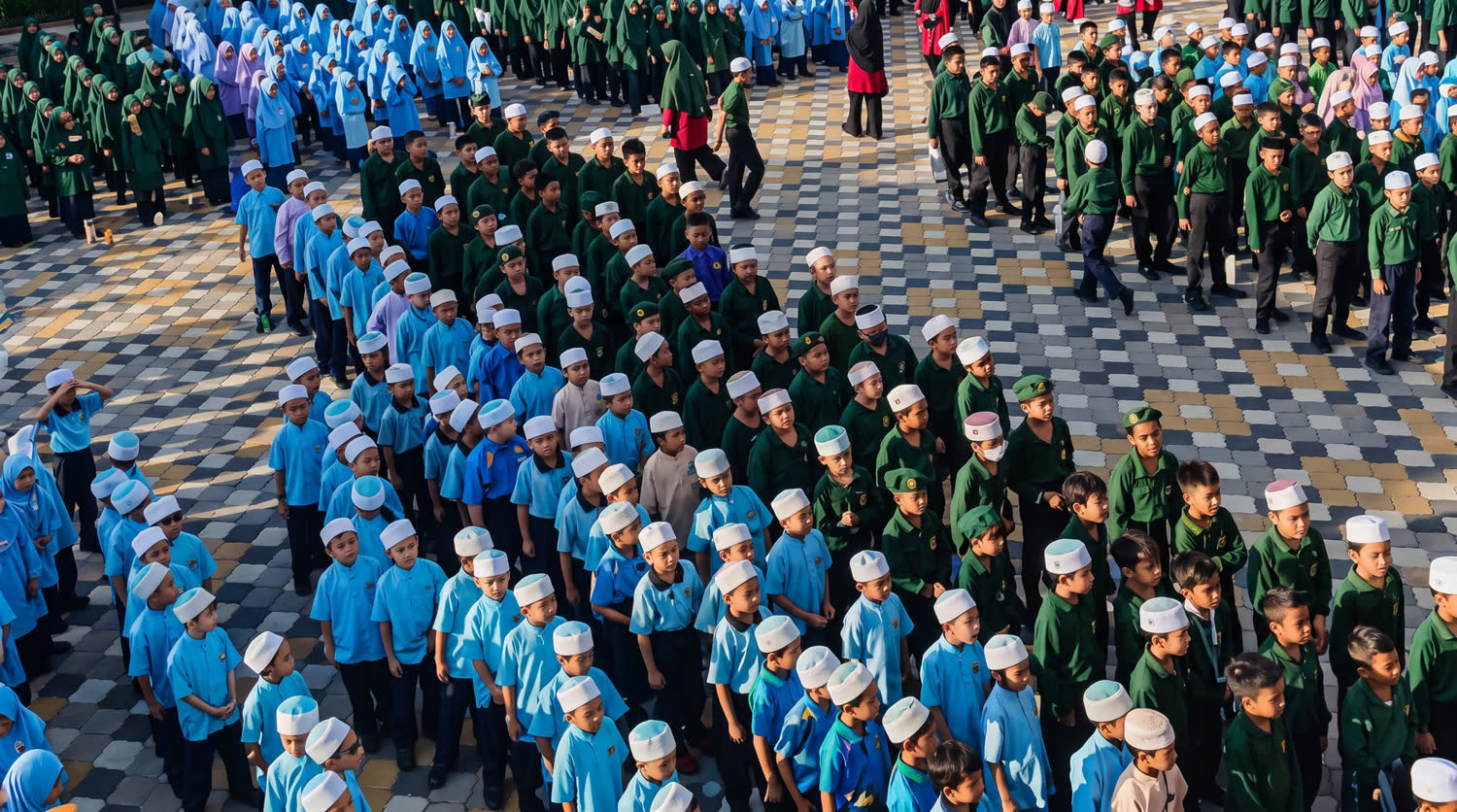 Ratusan murid sekolah berbaris di perhimpunan pagi dalam pakaian seragam biru langit dan hijau